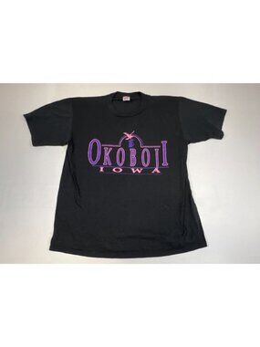 Vintage Jerzees Okoboji Iowa T-Shirt Mens XL Made in USA Black Graphic Tee